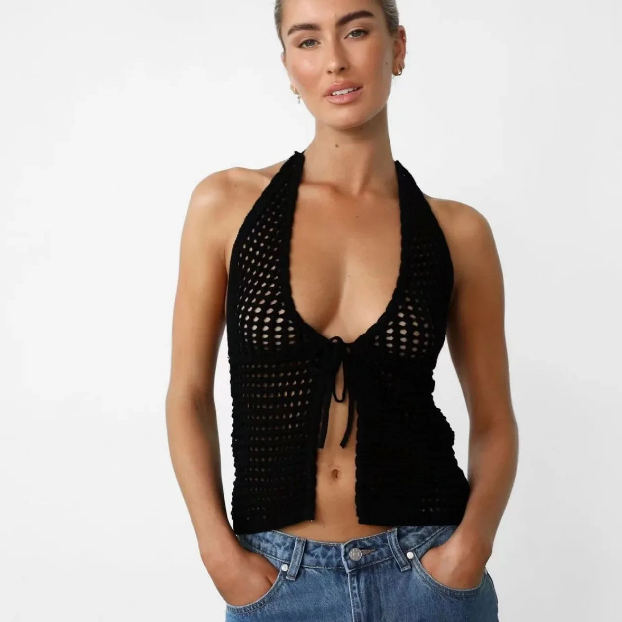 Knitting Tops- Women Hollow Knit Deep V-Neck Halter Top for Beach Days- Black- Pekosa Women Fashion