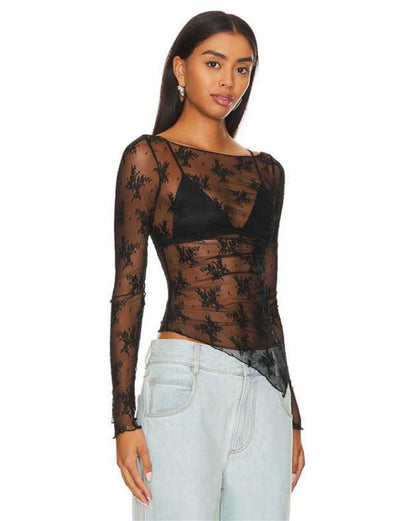 Long Sleeve Lace Top in Elegant Asymmetric Design