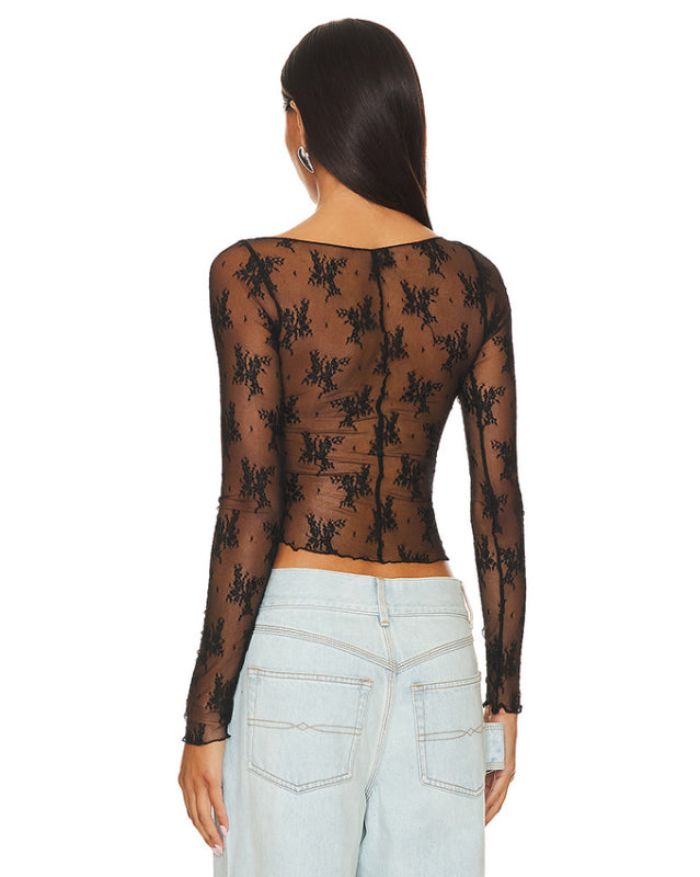 Long Sleeve Lace Top in Elegant Asymmetric Design