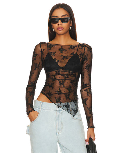 Long Sleeve Lace Top in Elegant Asymmetric Design