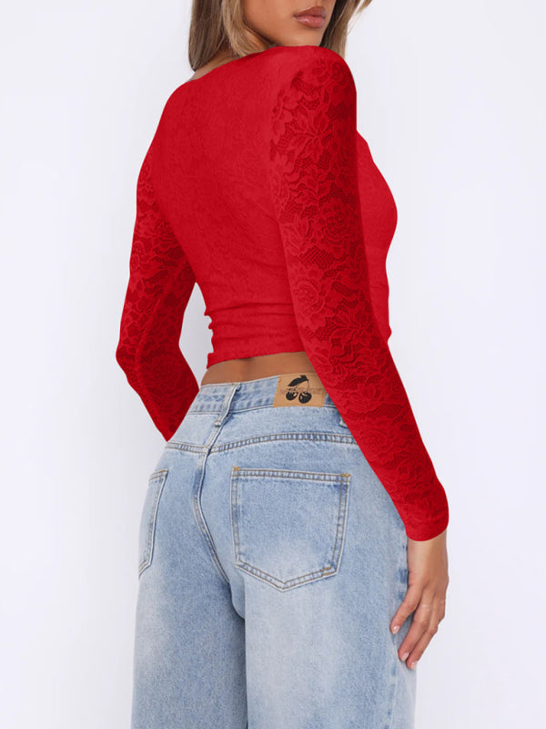 Lace Tops - Sheer Long Sleeve Lace Blouse Crop Top