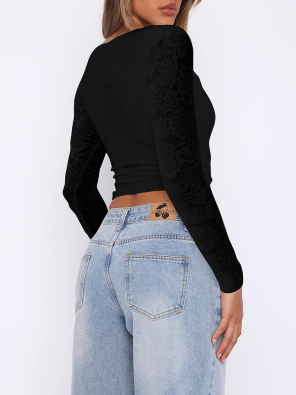 Lace Tops - Sheer Long Sleeve Lace Blouse Crop Top