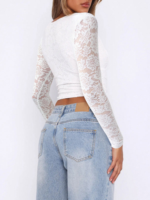 Lace Tops - Sheer Long Sleeve Lace Blouse Crop Top