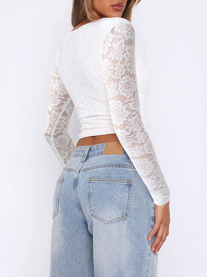 Lace Tops - Sheer Long Sleeve Lace Blouse Crop Top