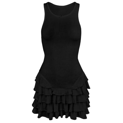 Layered Dresses- Women Layered Summer Ruffle Mini Dress- Black- Chuzko Women Clothing