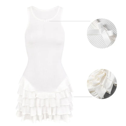 Layered Dresses- Women Layered Summer Ruffle Mini Dress- White- Chuzko Women Clothing