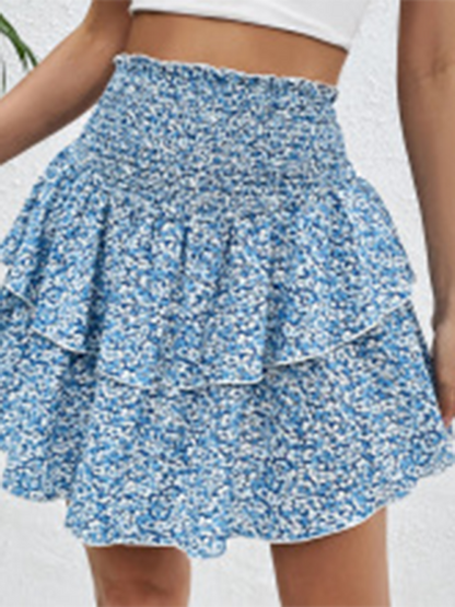 Layered Dresses- Women's Floral Layered Mini Skirt with Wide Waistband- - Pekosa Women Fashion