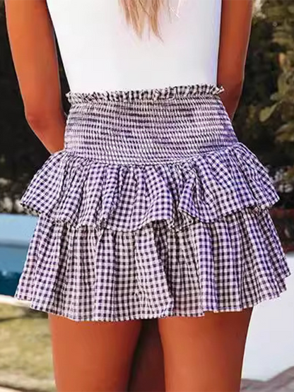 Layered Skirts- Ruffled Skirt in Classic Gingham- Purple- Pekosa Women Fashion