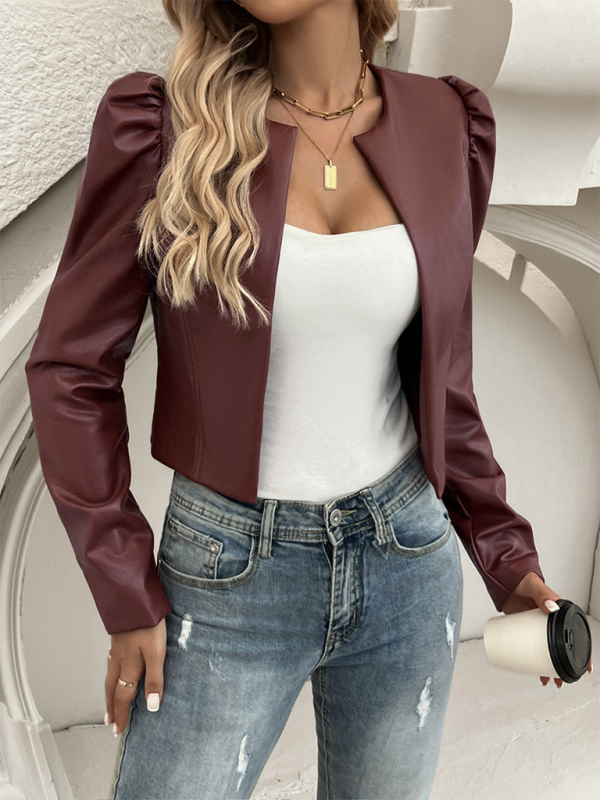 Faux Leather Puff Sleeve Jacket