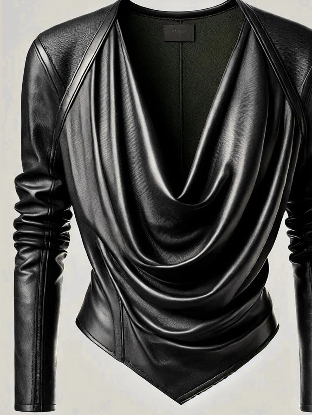 Leather Tops - Moto Biker Cowl Neck Faux Leather Top