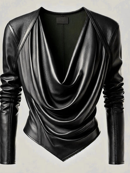 Leather Tops - Moto Biker Cowl Neck Faux Leather Top