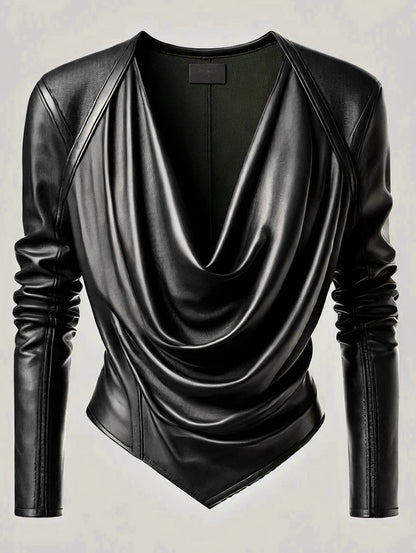 Leather Tops - Moto Biker Cowl Neck Faux Leather Top