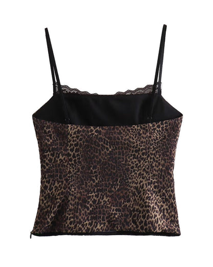 Fitted Cami Top with Lace Accents in Leopard Print