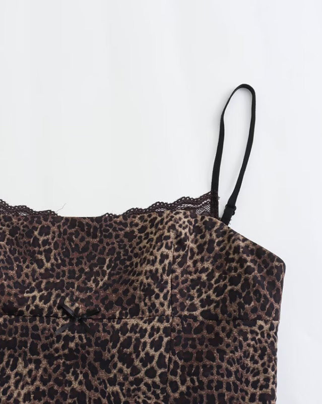 Fitted Cami Top with Lace Accents in Leopard Print