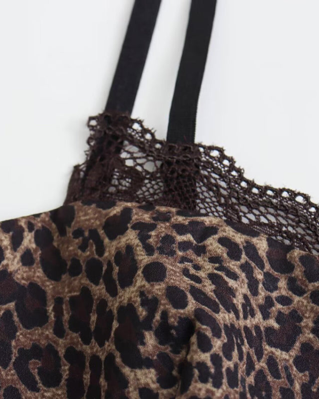 Fitted Cami Top with Lace Accents in Leopard Print