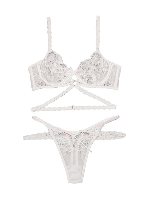 Lingerie- Bridal Embroidered Lace 2-Piece Lingerie Set - G-String Thong & Underwire Bra- - Pekosa Women Fashion