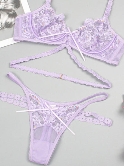 Lingerie- Bridal Embroidered Lace 2-Piece Lingerie Set - G-String Thong & Underwire Bra- Purple- Pekosa Women Fashion