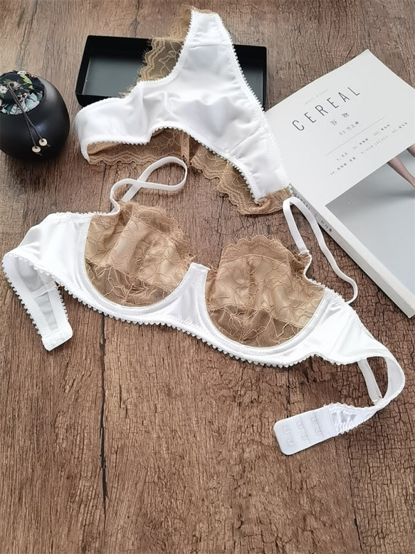 Lingerie- Bridal Patchwork Lace Lingerie Set - Thong & Underwire Bra in Satin Finish- - Pekosa Women Fashion