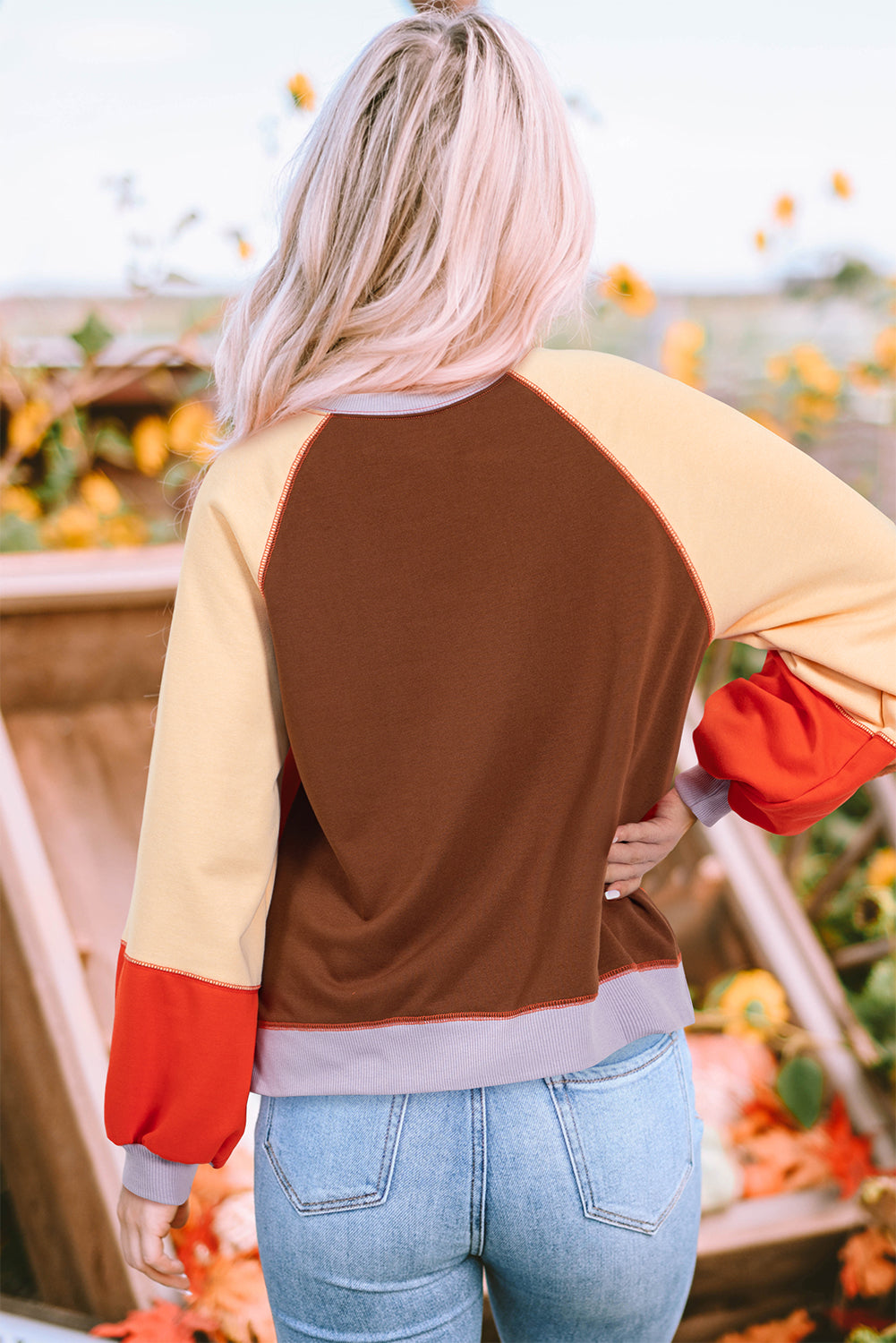 Long Sleeve Tops - Casual Color Block Loose Fit Top for Women Pullover