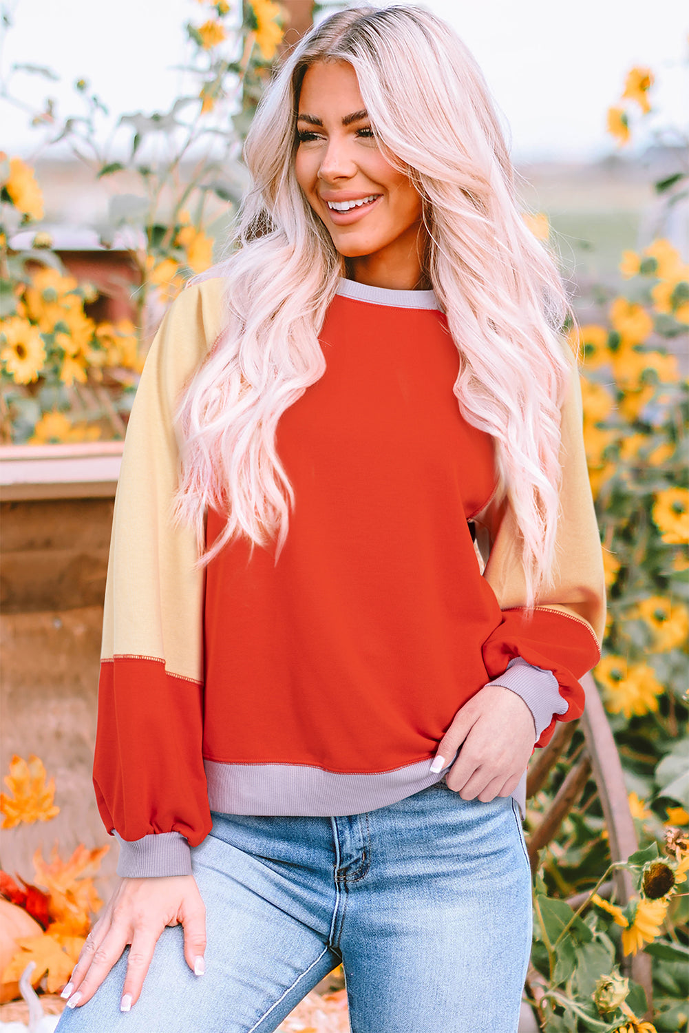 Long Sleeve Tops - Casual Color Block Loose Fit Top for Women Pullover