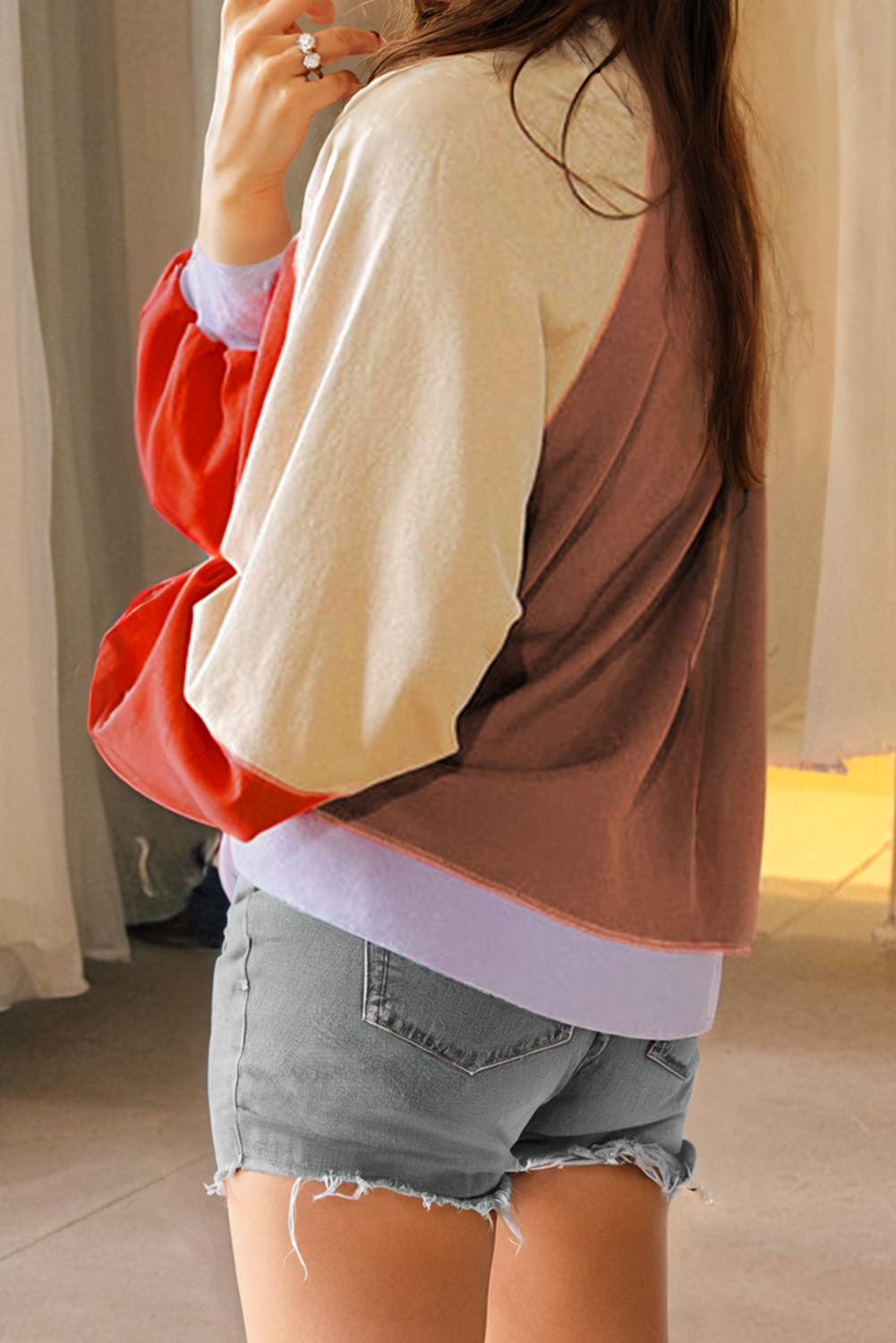 Long Sleeve Tops - Casual Color Block Loose Fit Top for Women Pullover