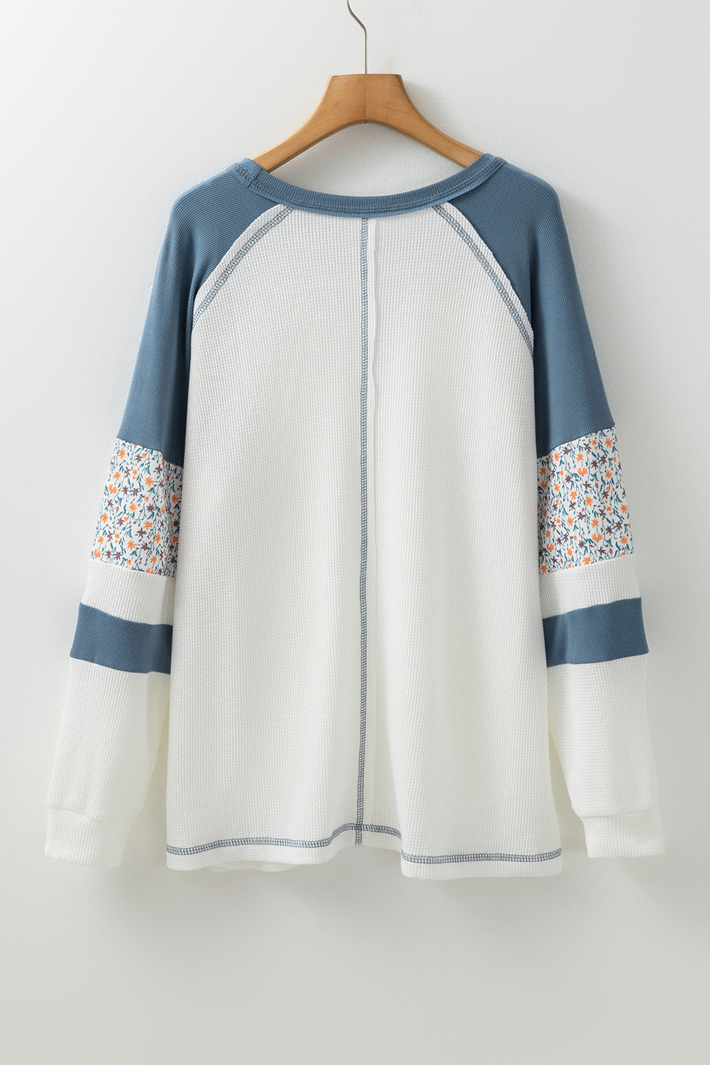 Long Sleeve Tops - Casual Floral Sleeve Patchwork Pullover Waffle Knit Raglan Top