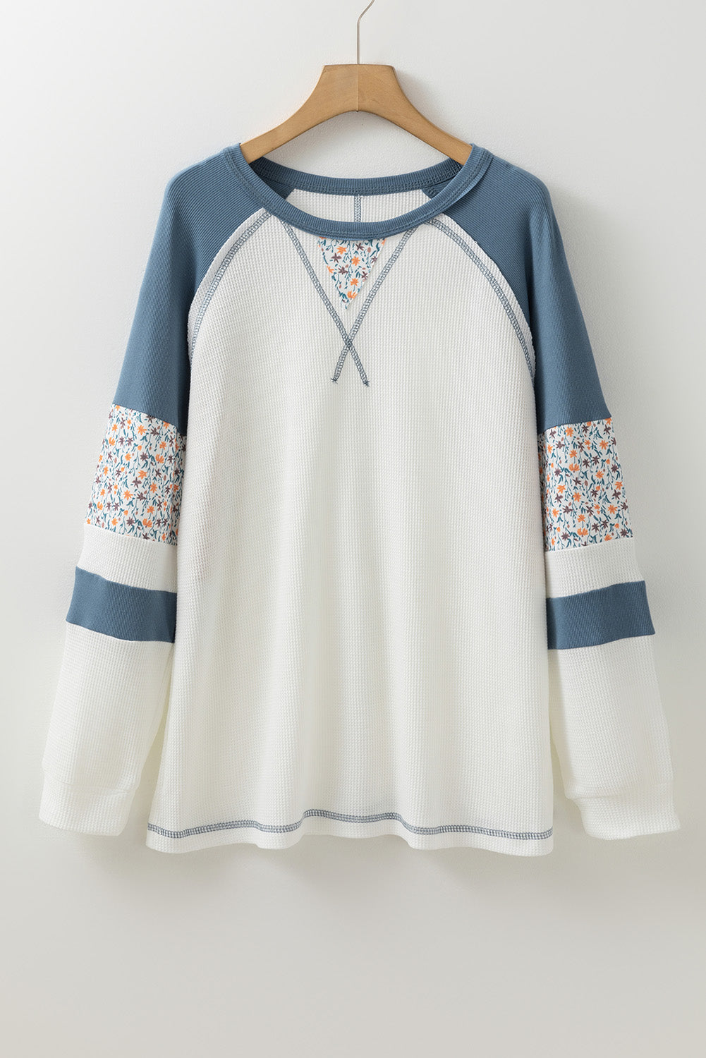 Long Sleeve Tops - Casual Floral Sleeve Patchwork Pullover Waffle Knit Raglan Top