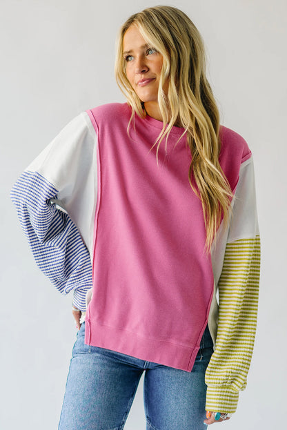 Long Sleeve Tops - Patchwork Color Block Long Sleeve Sweater Fall Pullover