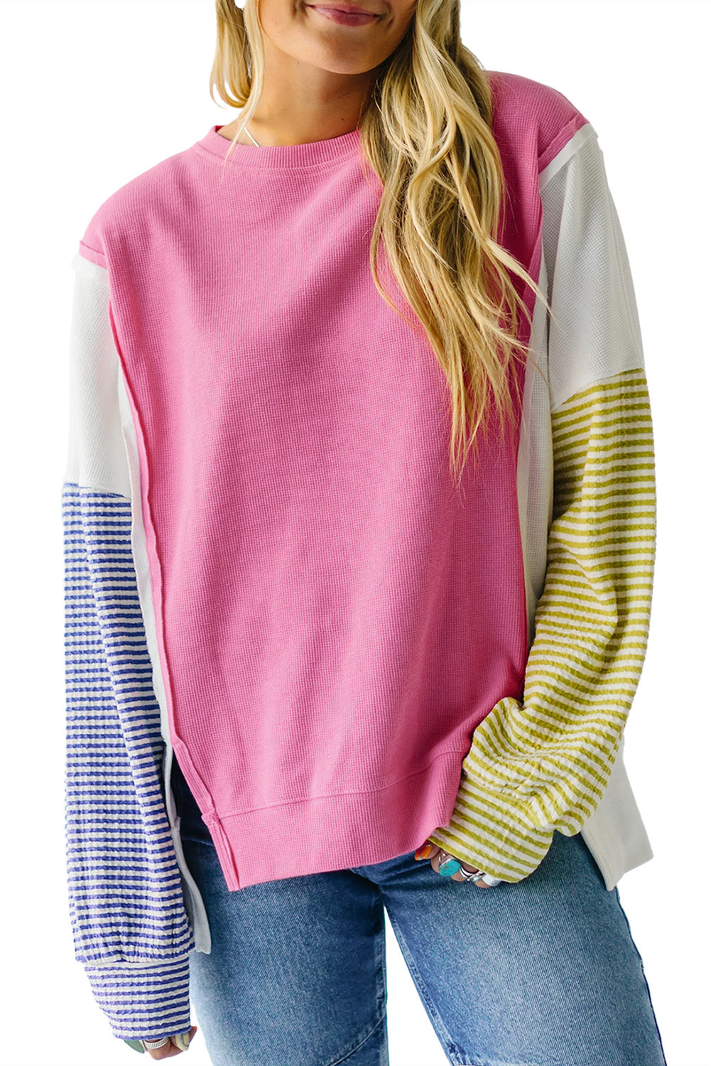 Long Sleeve Tops - Patchwork Color Block Long Sleeve Sweater Fall Pullover