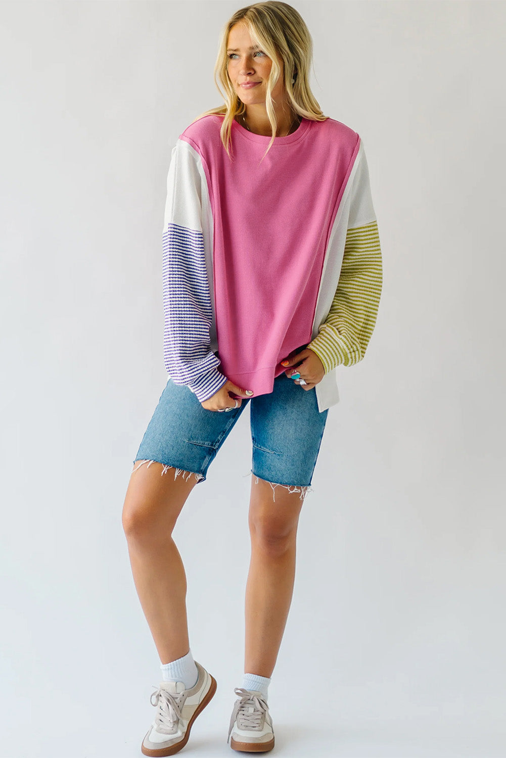 Long Sleeve Tops - Patchwork Color Block Long Sleeve Sweater Fall Pullover