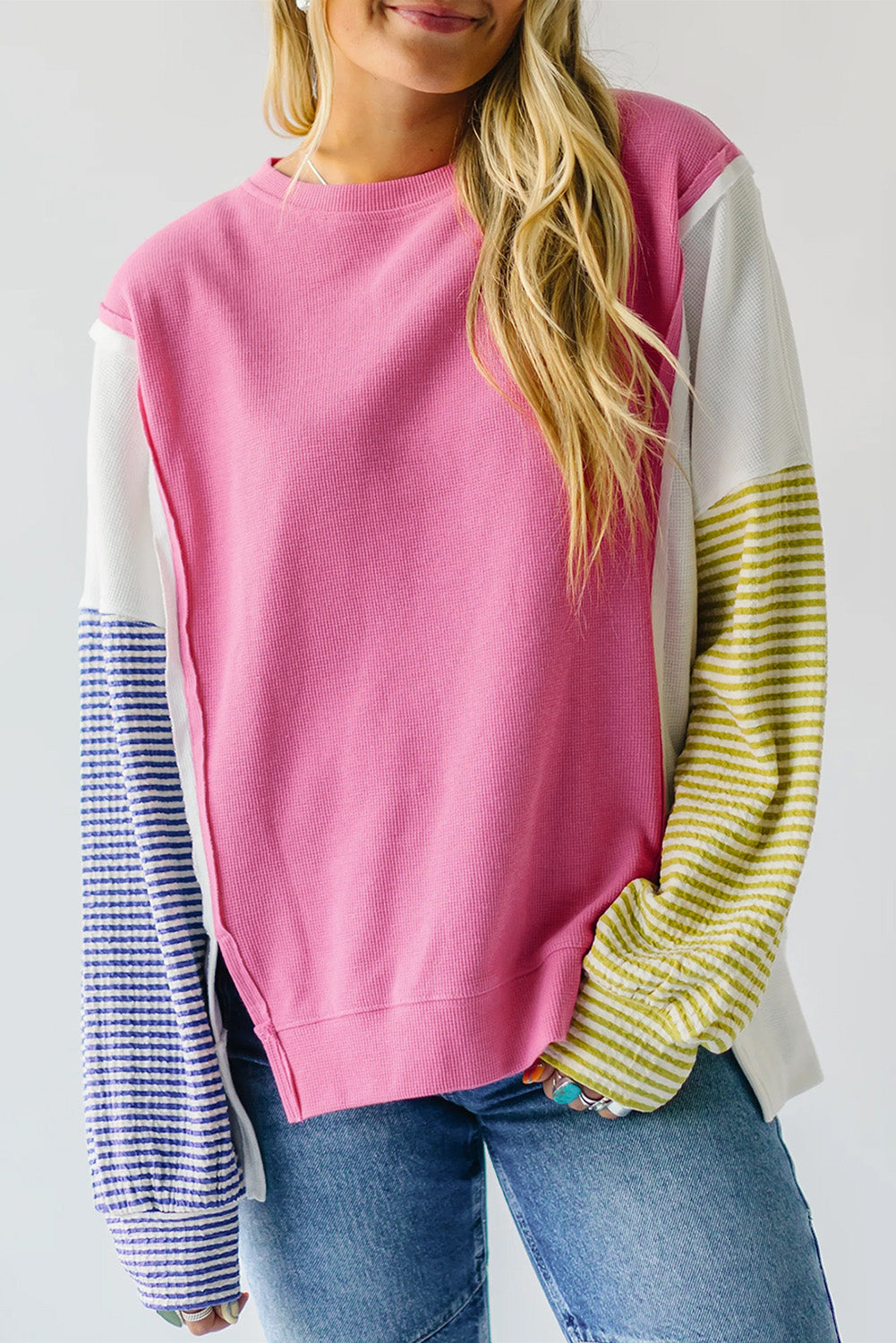 Long Sleeve Tops - Patchwork Color Block Long Sleeve Sweater Fall Pullover