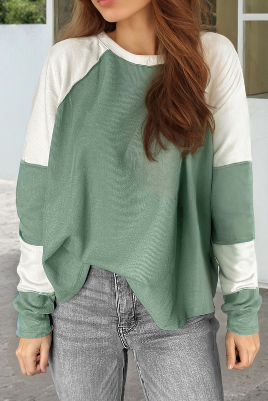 Long Sleeve Tops - Ribbed Colorblock Raglan Sleeve Top for Fall