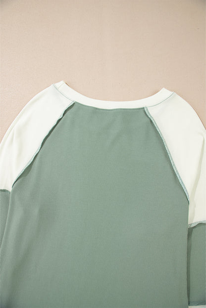 Long Sleeve Tops - Ribbed Colorblock Raglan Sleeve Top for Fall