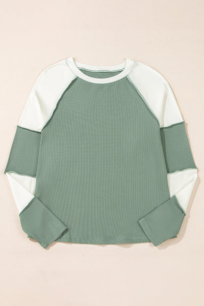 Long Sleeve Tops - Ribbed Colorblock Raglan Sleeve Top for Fall