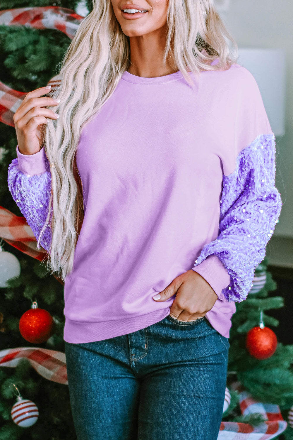 Long Sleeve Tops - Sequin Sleeve Winter Top Sparkle Pullover