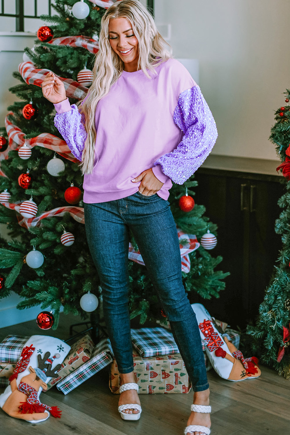 Long Sleeve Tops - Sequin Sleeve Winter Top Sparkle Pullover