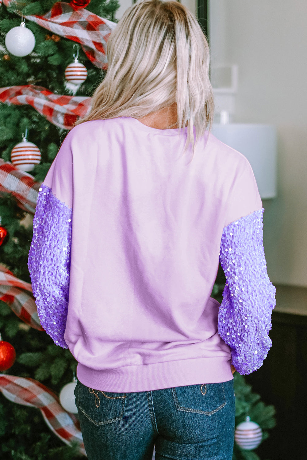 Long Sleeve Tops - Sequin Sleeve Winter Top Sparkle Pullover