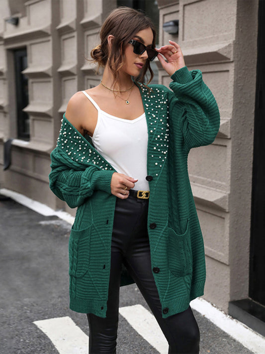 Longline Cardigans - Elegant Green Mid-Length Cardigan with Pearl Details