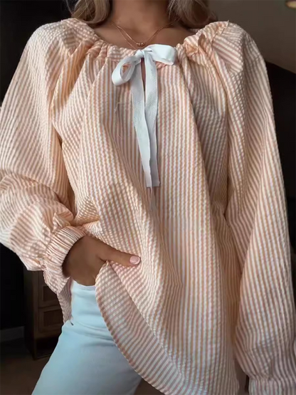 Loose Blouses - Vertical Stripe Tie-Neck Blouse