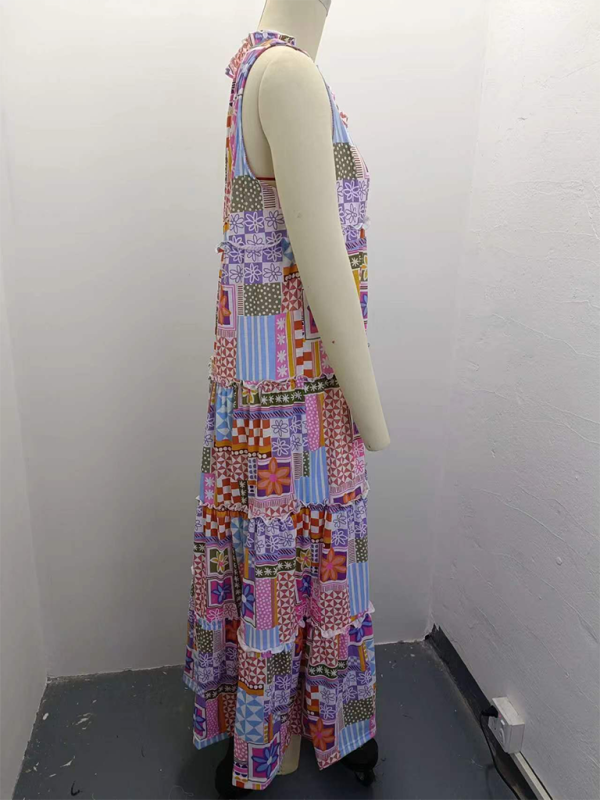 Lounge Dresses- Tunic Tank Maxi Dress with Geo Floral Print for Easy Days- - Pekosa Women Fashion