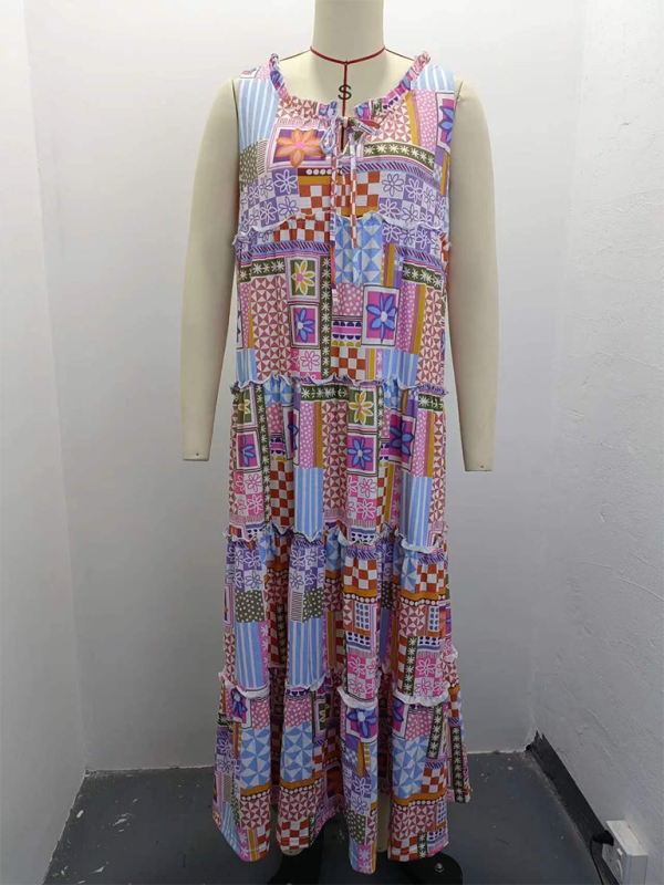 Lounge Dresses- Tunic Tank Maxi Dress with Geo Floral Print for Easy Days- - Pekosa Women Fashion