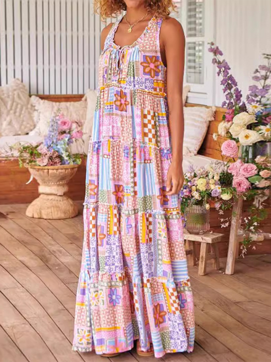 Lounge Dresses- Tunic Tank Maxi Dress with Geo Floral Print for Easy Days- Pink- Pekosa Women Fashion