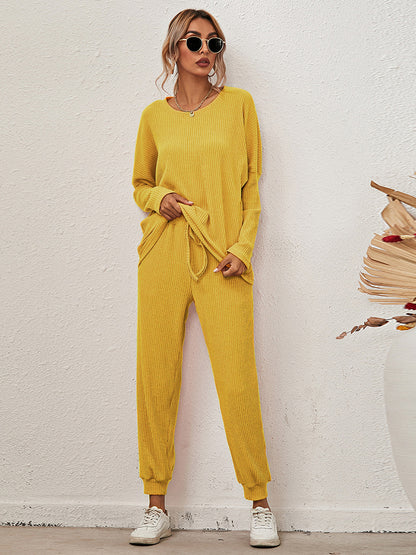 Lounge Set- Ribbed Loungewear Set Pants + Crew Neck Long Sleeve Sweater- Yellow- Pekosa Women Clothing