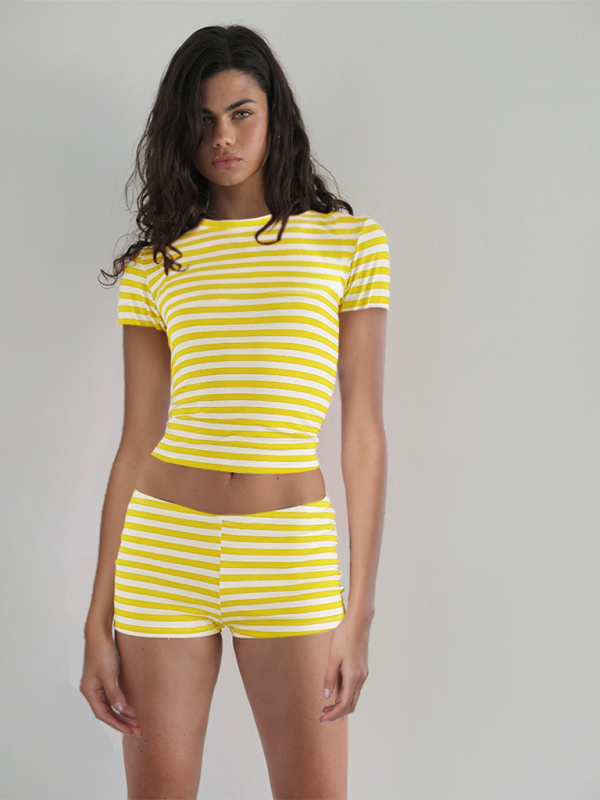 Lounge Set- Striped Crop Tee & Shorts Lounge Outfit for Women- - Pekosa Women Fashion