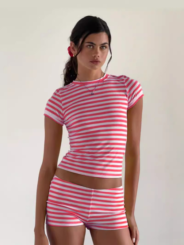 Lounge Set- Striped Crop Tee & Shorts Lounge Outfit for Women- - Pekosa Women Fashion