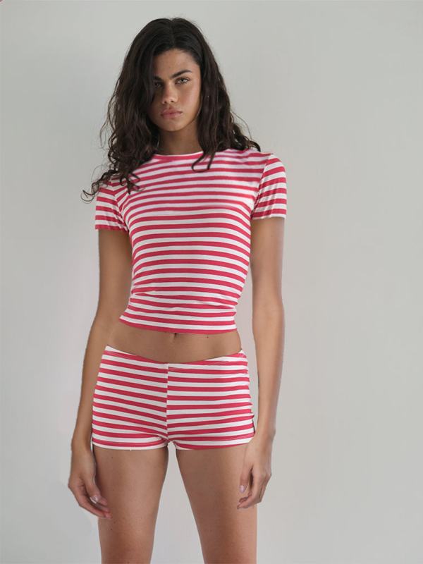 Lounge Set- Striped Crop Tee & Shorts Lounge Outfit for Women- Red- Pekosa Women Fashion