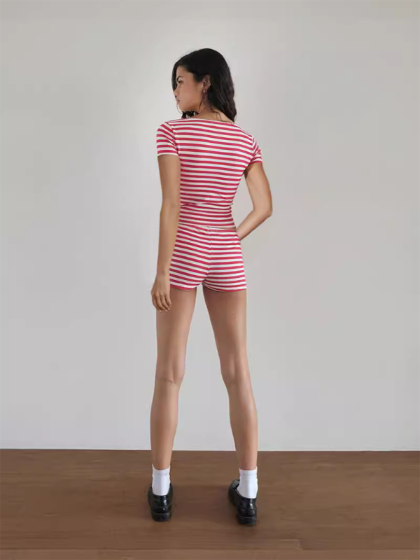 Lounge Set- Striped Crop Tee & Shorts Lounge Outfit for Women- - Pekosa Women Fashion