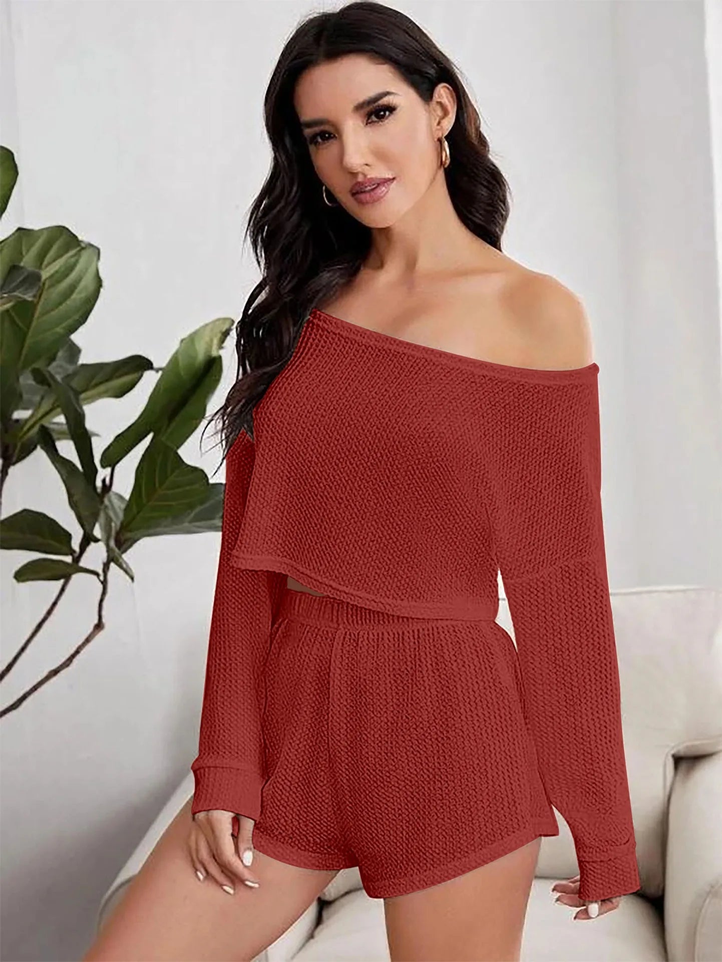 Loungewear - Breathable Waffle Knit Crop Top & Shorts Loungewear Set