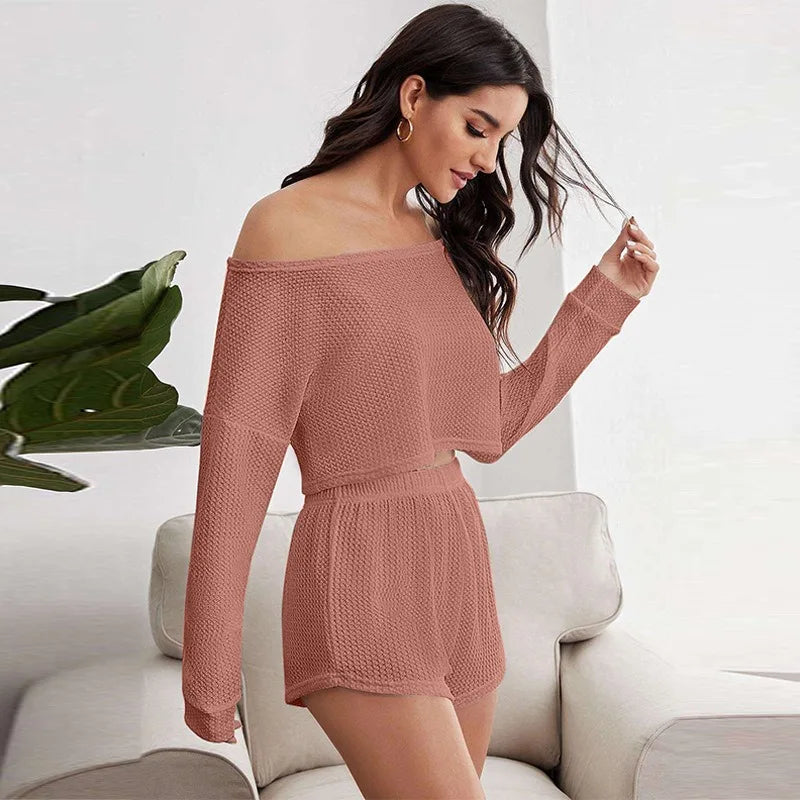 Loungewear - Breathable Waffle Knit Crop Top & Shorts Loungewear Set