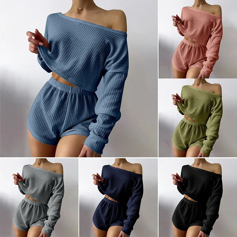 Loungewear - Breathable Waffle Knit Crop Top & Shorts Loungewear Set